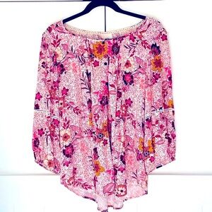 248. Knox Rose Peasant Blouse Pink Floral Button Front Boho Womens Top
